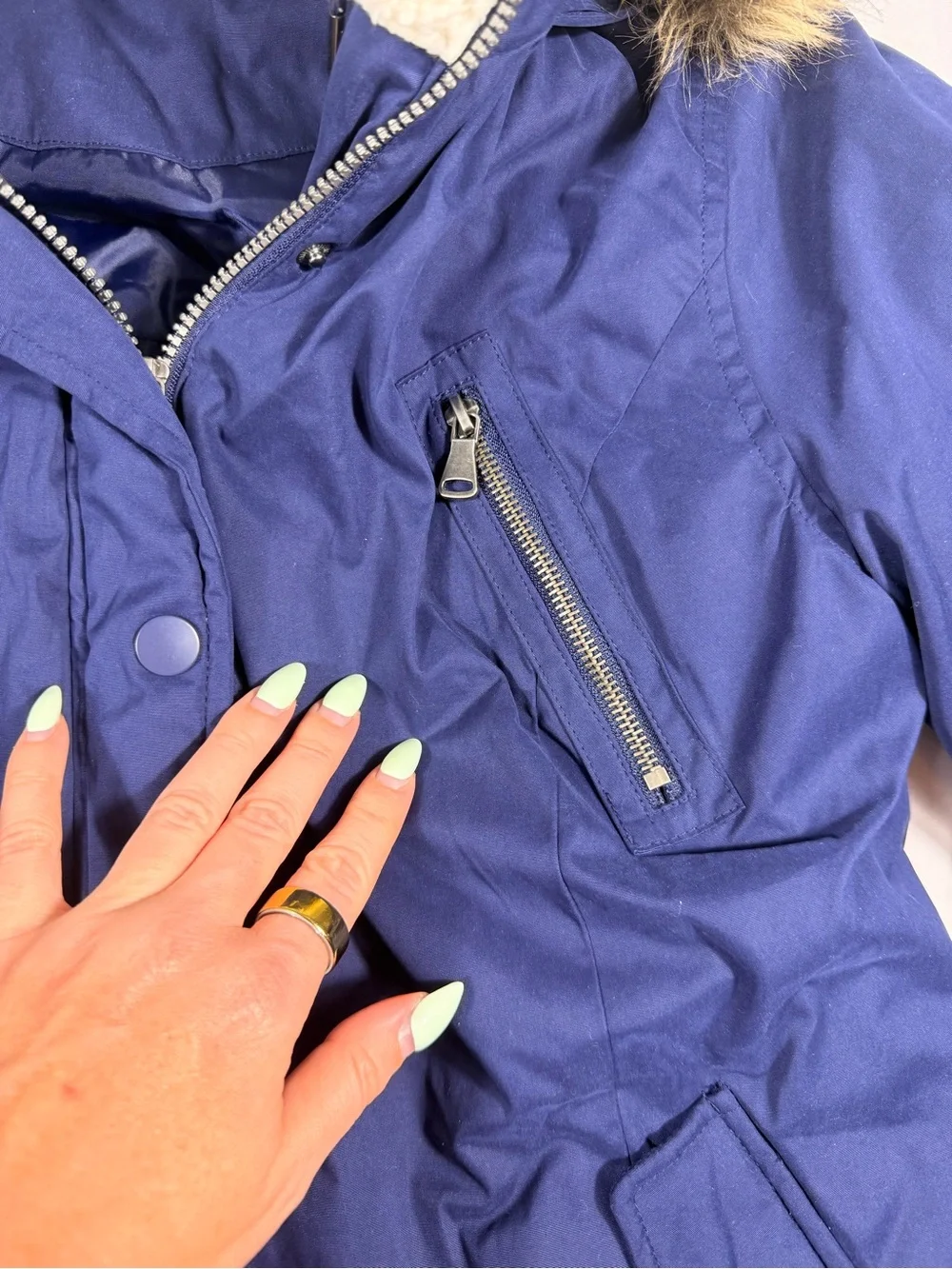 Ellos Women's Navy Parka Coat with Faux Fur Trim